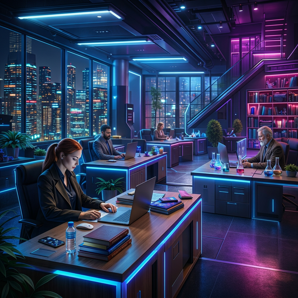 Fantasy library with elves and dwarves studying at wooden desks surrounded by plants and magical items